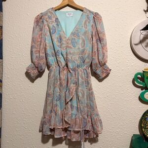 Women's XS Paisley Dress Ruffle Tiered‎ Smocked Sleeve Fairy whimsy sweet girl